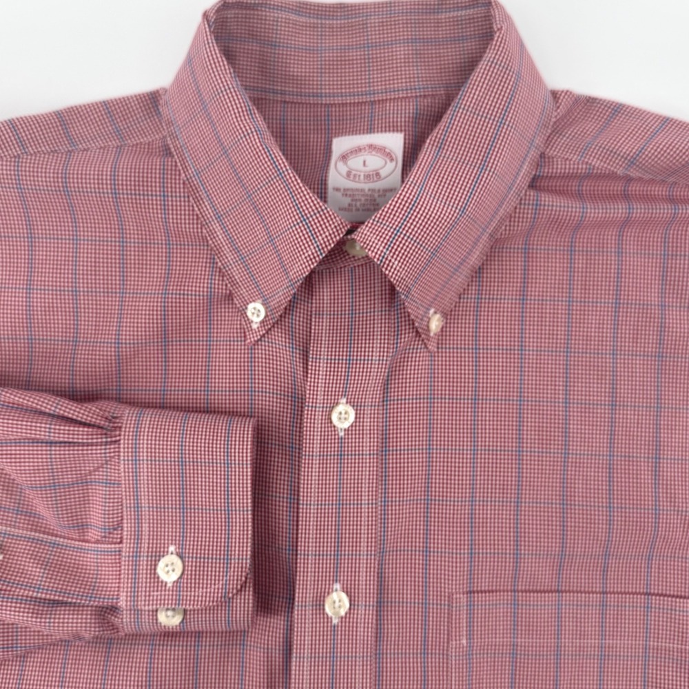 Brooks Brothers Red Plaid Button Down Shirt Mens L Traditional Fit Long Sleeve